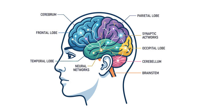 Human Brain Anatomy Diagram with Neural Networks and Lobe Labels
