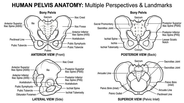 Human Pelvis Anatomy: Multiple Perspectives and Landmarks Illustration
