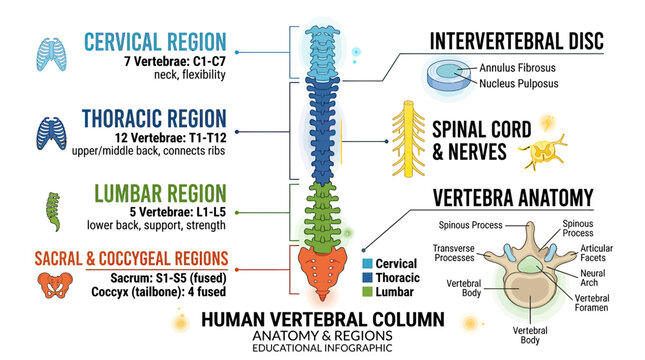 Human Vertebral Column Anatomy Infographic: Regions, Discs, and Nerves