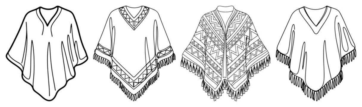 Mexican poncho collection with various ethnic patterns and fringes in line art style