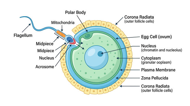Sperm and Egg Cell Fertilization Diagram: Acrosome, Nucleus, Mitochondria, Flagellum