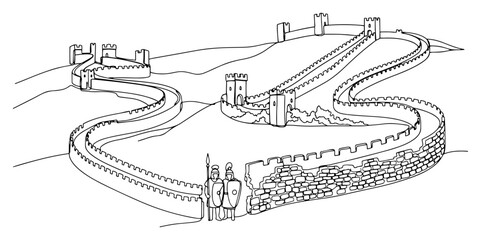 Obraz premium Great Wall of China with ancient soldiers and watchtowers in continuous line art style
