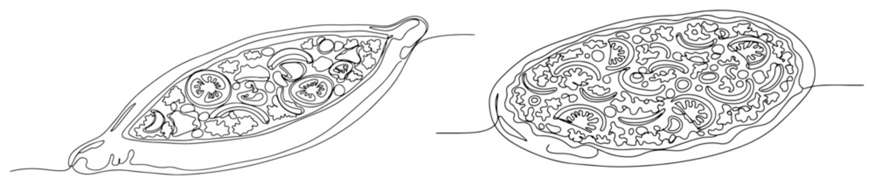 Traditional turkish pide and lahmacun flatbread in continuous line art style