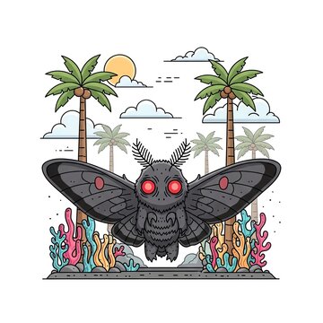 Mothman Cryptid Creature in Tropical Landscape Illustration.