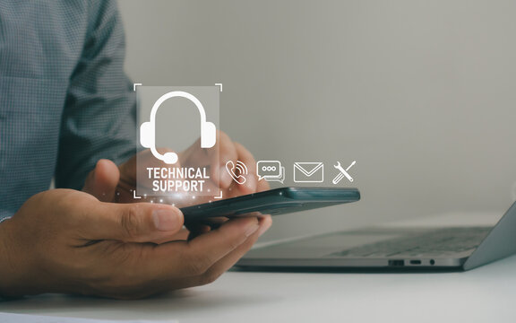 Businessman using smartphone with digital support service interface, IT support, technical maintenance, customer service system, chatbot assistance and technology troubleshooting solutions.