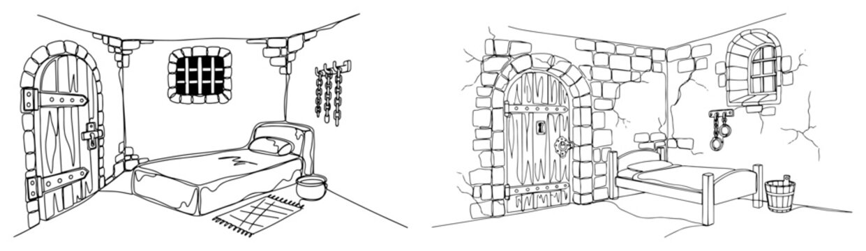 Medieval dungeon cell with stone walls and shackles in minimalist continuous line drawing style