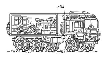Expedition Truck with Snowmobile and Arctic Gear, Off-Road Vehicle © ijo