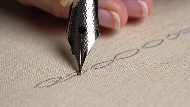 Close-up of a fountain pen drawing a decorative chain stitch pattern on fabric.