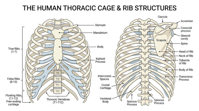 Human Thoracic Cage and Rib Structures Anatomical Illustration