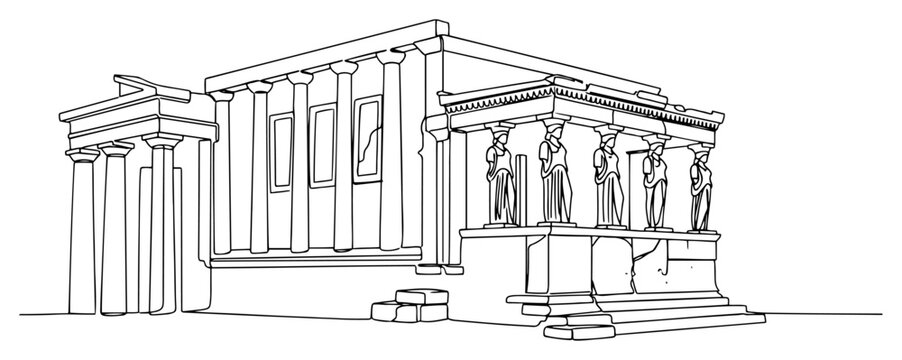 Greek temple ruins with caryatid columns in continuous line art style