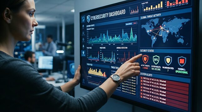 Systems engineer interacting with cybersecurity dashboard showing network traffic graphs and data protection shields for enterprise security.