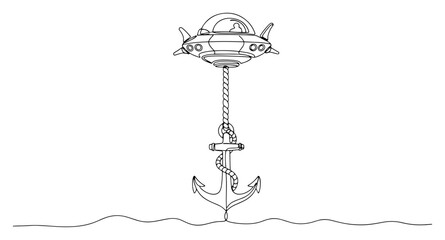UFO spaceship dropping nautical anchor into sea water in continuous line art style © Celestynka