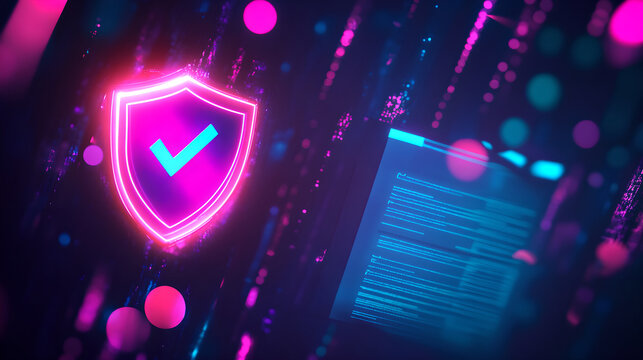 Cyber security concept with a glowing neon shield icon and digital data stream background representing data protection and encryption