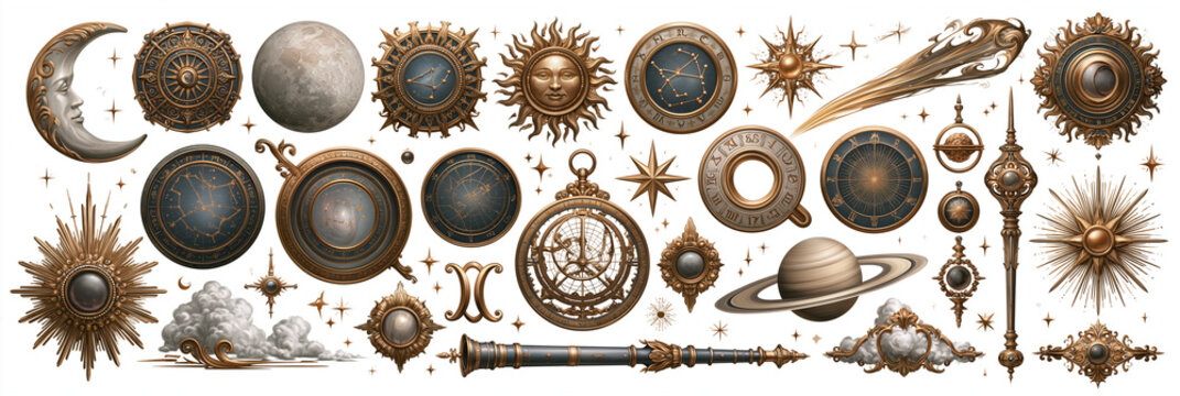 Astrological and celestial design elements featuring gold tones and intricate details.