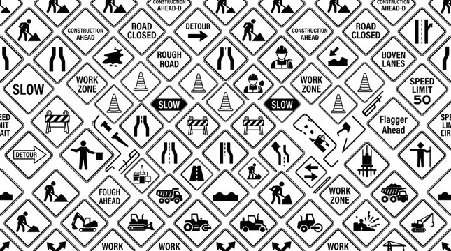 Road Construction Signs Seamless Pattern - Traffic Warning Symbols Background
