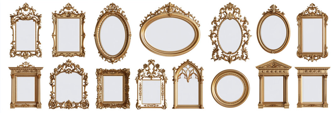 Collection of ornate golden picture frames in various shapes and sizes.