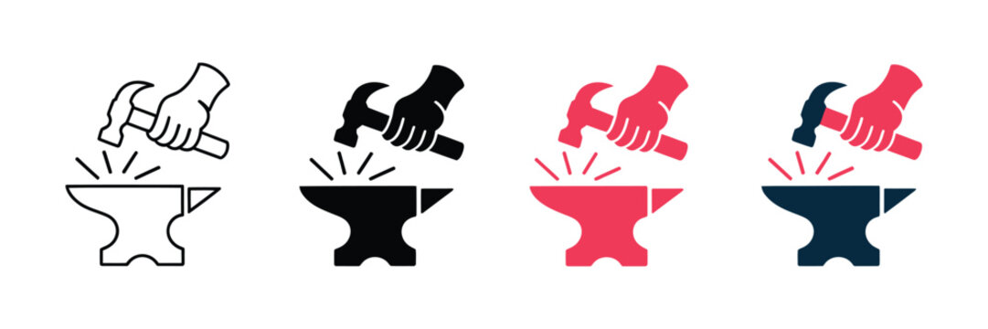 Blacksmith anvil and hammer icons, hand hitting metal on anvil vector set, industrial forging and metalwork symbols for workshop branding