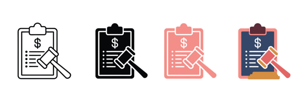 Legal auction clipboard icons with judge gavel and dollar sign, flat vector set of 4 law and justice symbols for bidding and court proceedings