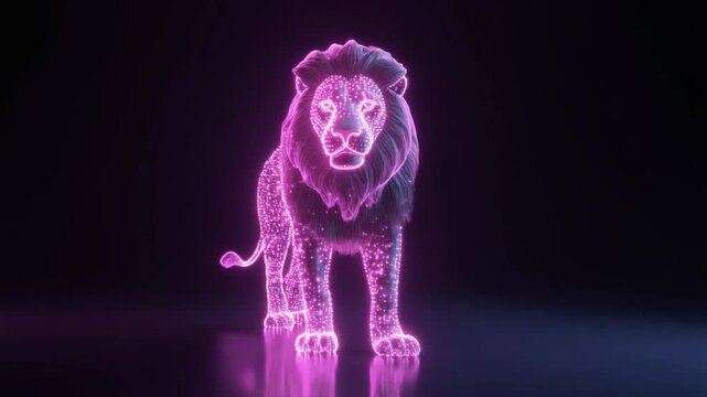 Majestic neon lion walking through dark space with glowing particles