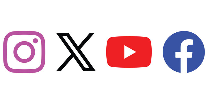 Instagram, x, youtube, and facebook logos on white background