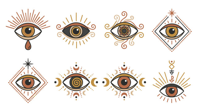 Collection of eight pixel art mystic eyes with celestial and esoteric symbols, pixelated, boho and witchy aesthetic, magical symbols