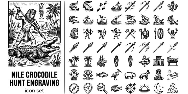Nile Crocodile Hunt Engraving Black White-Warrior Spear Sobek Crocodile-Ancient Wildlife Vector-Croc Icon Engraving-Nile Egypt Design Set