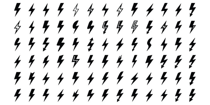 Set of black lightning bolt icons on white background