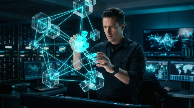 A focused male data privacy officer interacting with an advanced quantum cryptography interface. Translucent geometric glass code blocks float in front of him, locked together by sharp glowing cyan 