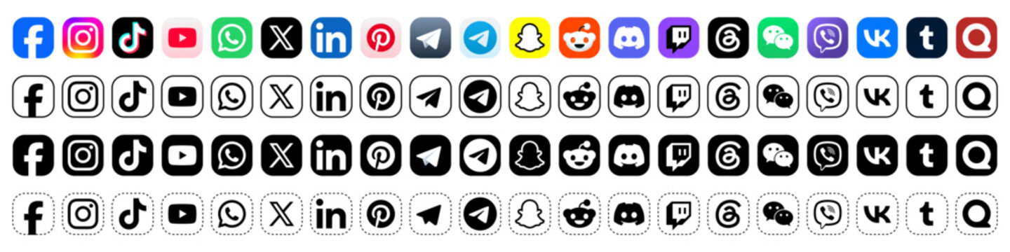 social media icon set or social network logos , facebook, instagram, threads, x, youtube, whatsapp, telegram, viber, tiktok, snapchat, pinterest, linkedin, pinterest, wechat, reddit, vector icons