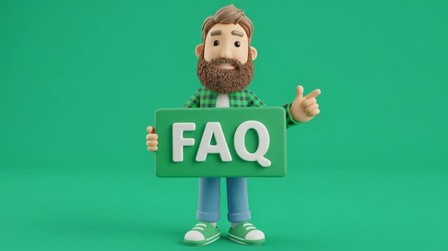 A bearded man is standing, wearing a plaid shirt, trousers, and shoes, and holding a sign that reads "FAQ" (Frequently Asked Questions); the image features a green background and a 3D model style.