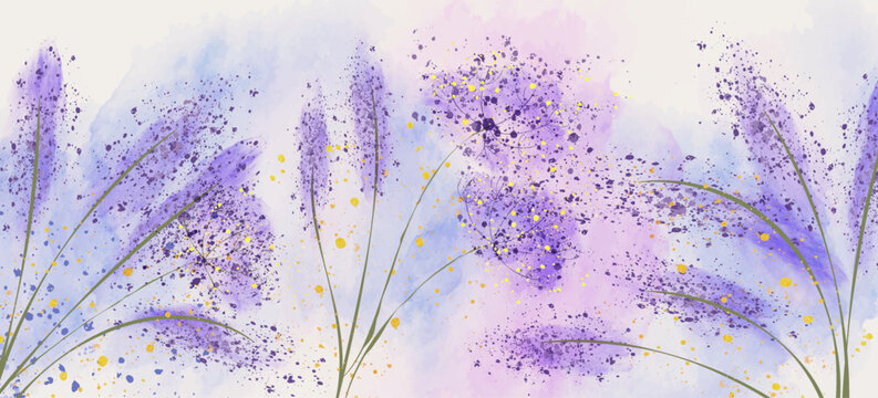 Botanical banner with purple flowers and grass in a watercolor style. Foral banner is perfect for decor, wallpaper, prints, textiles, posters, interiors, and packaging.