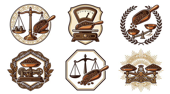 Collection of pixel art emblems and icons featuring antique scales and scoops filled with beans, representing weight, measurement, and trading, perfect for a vintage or retro theme