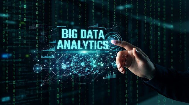 Person touching big data analytics interface with connected spheres and binary code representing advanced information processing.