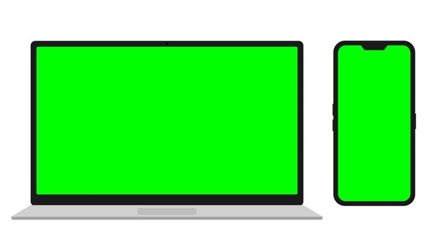 Laptop and Smartphone Mockup with Green Chroma Key Screen Sliding Up on White Background for App Showcase