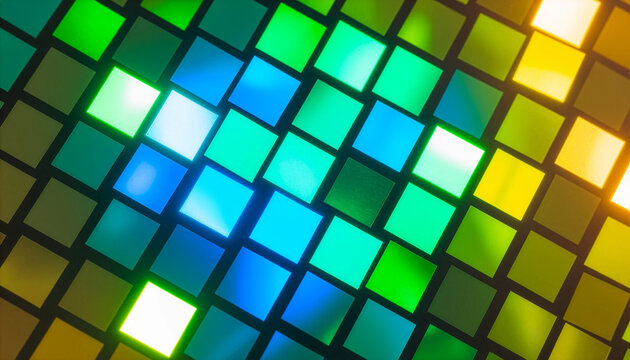 Abstract glowing square tile grid with blue, green and yellow neon panels on a dark background, futuristic digital mosaic for technology design.