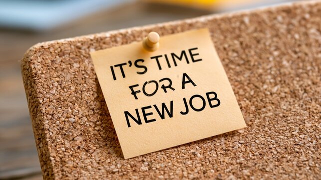 Sticky note on cork board says it's time for a new job for motivation in the workplace