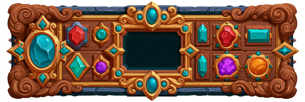 Colorful fantasy game UI design featuring ornate gemstones and wooden textures.