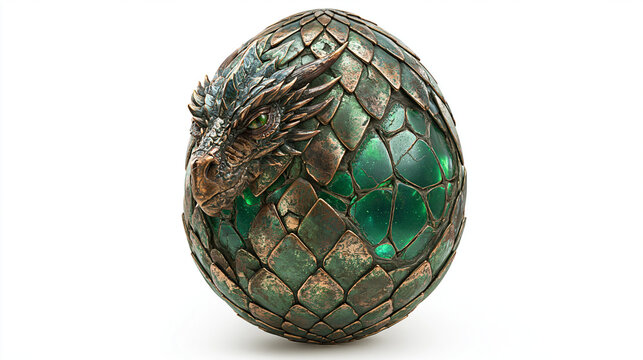 Intricate dragon egg with emerald accents and textured scales, art piece.