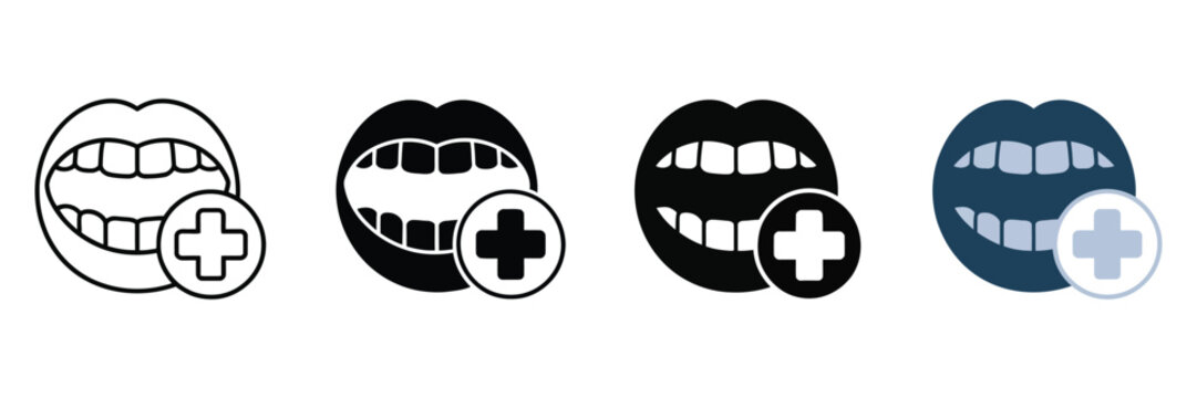 Dental care icons with teeth and medical cross, stomatology clinic symbols in vector format, oral health and dentistry service set