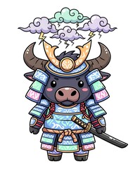 Fototapeta premium Cute Samurai Buffalo with Storm Clouds.