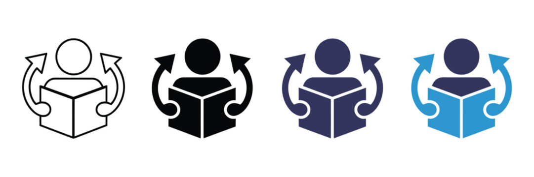 Person interacting with a rotating box, symbolizing knowledge or data exchange