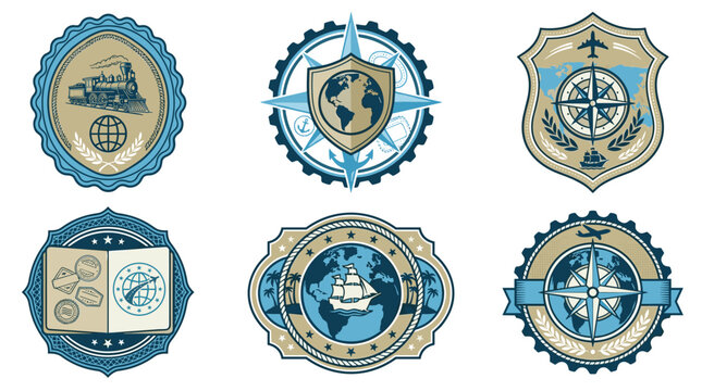 Collection of six pixel art emblems and badges with globes, compasses, and travel motifs, symbolizing global exploration and navigation