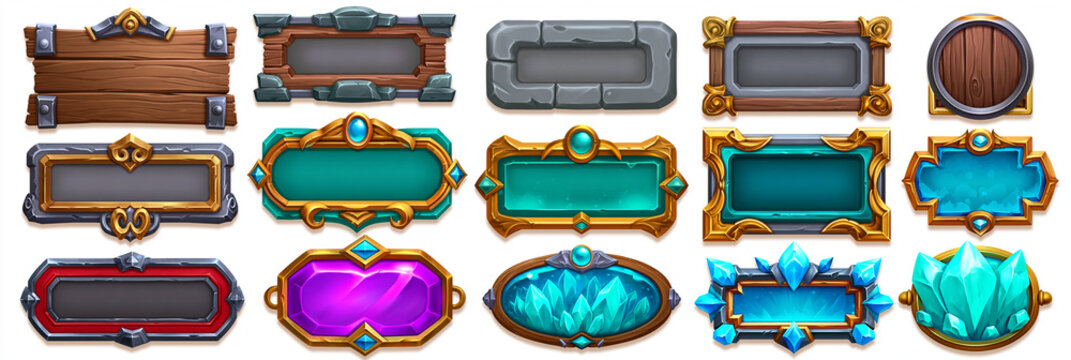 Colorful game frames in various styles and shapes for user interfaces.