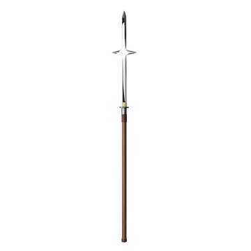 A ceremonial halberd, a historical polearm weapon, stands tall with its polished steel axe blade and sharp spear tip, mounted on a wooden shaft, symbolizing martial heritage.