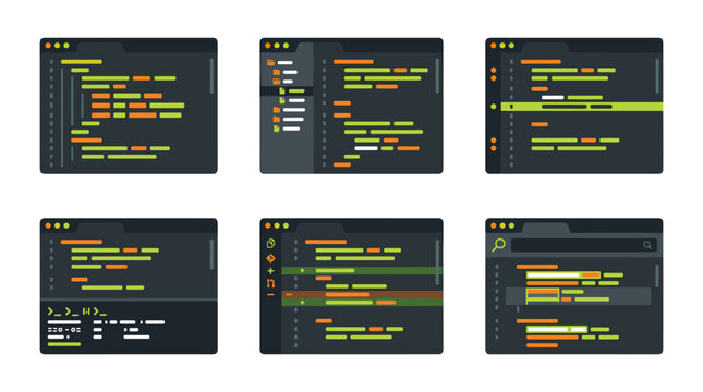 Collection of stylized code editor windows, programming interfaces, software development screens with colorful syntax highlighting, digital technology, coding elements
