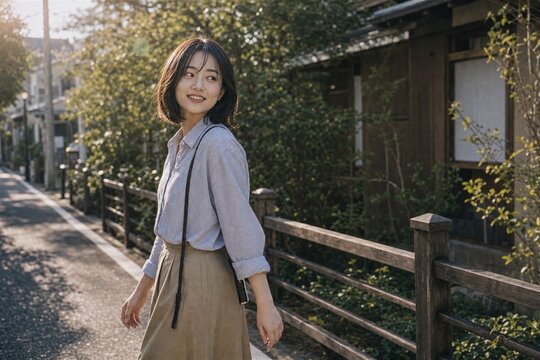 木塀の小道を歩く笑顔の女性とフィルム風スナップ