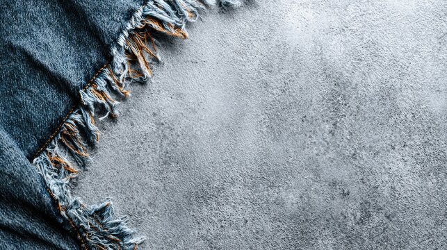 Denim fabric edge with frayed hem on textured gray concrete backdrop for modern design and fashion concepts
