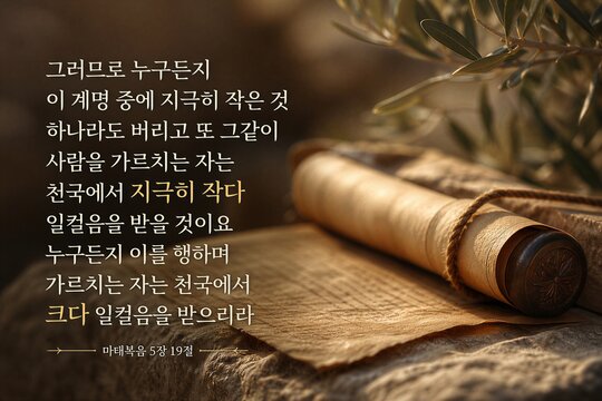 Profound Christian Scripture Poster featuring Matthew 5:19 in Korean, emphasizing obedience to commandments and the kingdom of heaven, with a symbolic background.