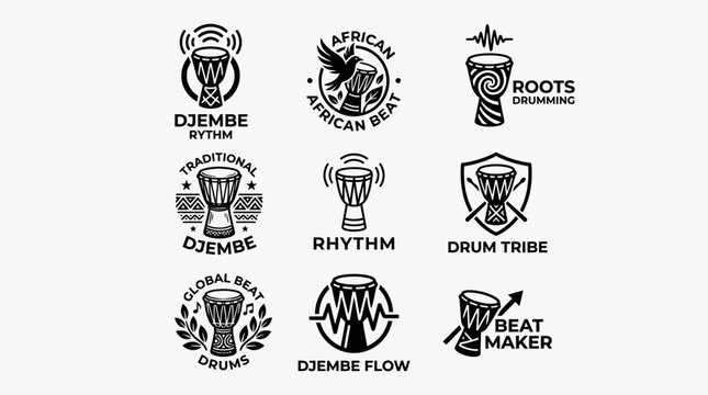 Black djembe and African rhythm drum logos