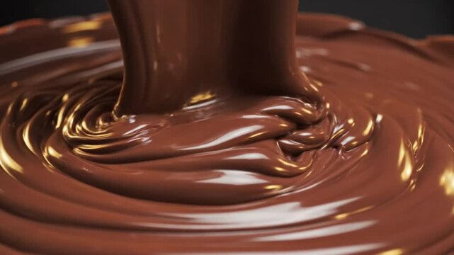 Close up view of decadent dark chocolate pouring and swirling creating delicious waves